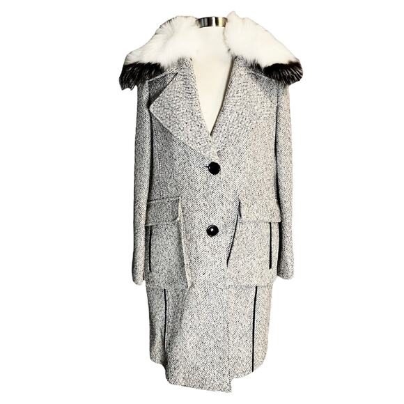 DEREK LAM 10 CROSBY Tweed Coat Wool Fur Collar Pockets White Black Designer 8 - Picture 5 of 14